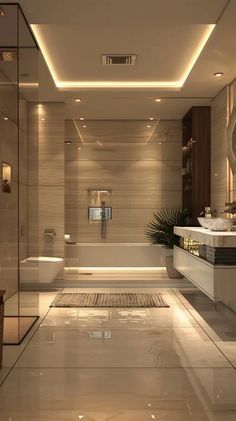 a large bathroom with two sinks and a bathtub