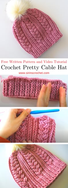 the crochet pretty cable hat is being worked on