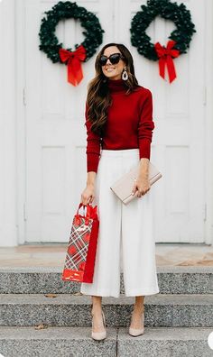 Womens Christmas Day Outfits, Christmas Socks Outfit School, New Year’s Eve Work Outfit, Holiday Luncheon Outfit Work, Holiday Work Outfits Christmas, Womens Holiday Outfits Christmas, Christmas Outfit Ideas For Women Red, Christmas Gathering Outfit Ideas, Christmas Ootd Ideas