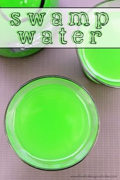 two green bowls sitting next to each other with the words swamp water in front of them