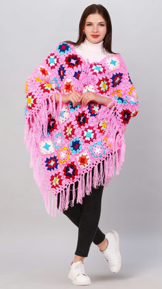 Multi Colored Granny Square Women Crochet Ponchos Crochet Heart Patterns, Crochet Easter Bunny, Bunny Patterns, Granny Square Poncho, Shawl For Women, Boho Poncho, Garland Ideas, Crochet Garland, Crochet Poncho Free Pattern