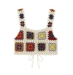 a crocheted top with multicolored squares on the front and back, tied to a white string