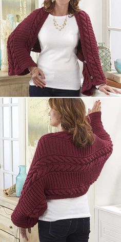 two pictures of a woman wearing a red sweater