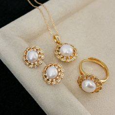 Wreath CZ Button Pearl Jewelry Set - House Of Pearls Pearl Pendant Set Gold, Pearl Setting, Double Strand Pearl Necklace, Large Pearl Earrings, Pearl Jewelry Set, Golden South Sea Pearls, Freshwater Pearl Jewelry, Pearl Jewelry Sets, Pearl Jewellery