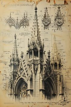 architectural drawings of gothic architecture on parchment paper