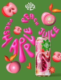 a can of fruit juice surrounded by pink letters