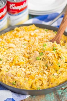 a skillet filled with macaroni and cheese