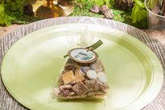 a green plate topped with a pyramid shaped treat bag filled with rocks and candy bars