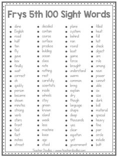 fry's 5th 100 sight words printable worksheet for pre - k