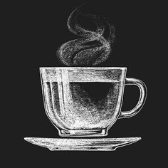 a cup of coffee on a saucer with steam rising from the top, drawn in chalk