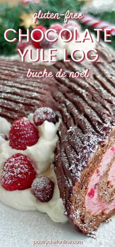 a chocolate yule log with raspberries and whipped cream on top, in front of a christmas tree