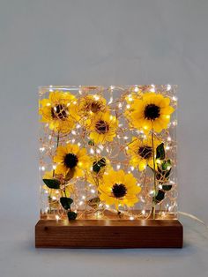 the sunflowers are lit up with fairy lights