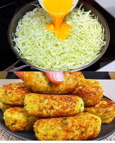 someone is pouring sauce on some food in a frying pan with shredded green vegetables