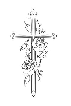 a cross with roses on it is shown in black and white, as well as the outline