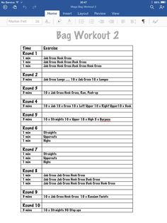 the bag workout plan is displayed in microsoft's workbook