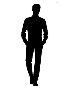 the silhouette of a man standing with his hands in his pockets and wearing a hat