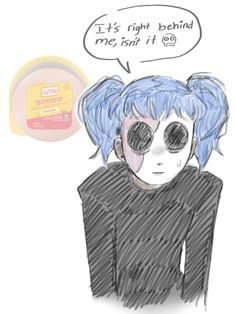 a drawing of a person with blue hair and glasses next to a jar of pastel