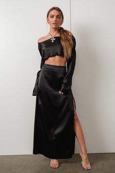 Long sleeve with Maxi Skirt with slit with hidden zipper. not sheer/poly/satin (also comes in cream) Crop Top Satin, Skirt Crop Top, Maxi Skirt Crop Top, Satin Maxi Skirt, Skirt Crop, Maxi Skirt Outfits, Crop Top Skirt, Small Crop Tops, Satin Maxi