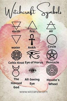 a watercolor painting with different symbols on it's face and the words witchcraft symbols