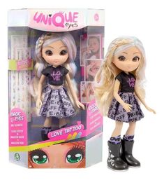 a doll with blonde hair and green eyes is in a box next to it's packaging