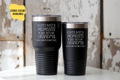 two black tumblers with the words best moms and grandma's written on them