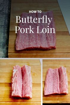 how to cut up a pork loin on a cutting board with text overlay