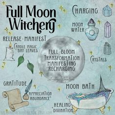 the full moon witching poster is shown with various things to see and do in it