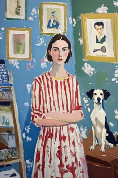 a painting of a woman in a red and white dress standing next to a dog