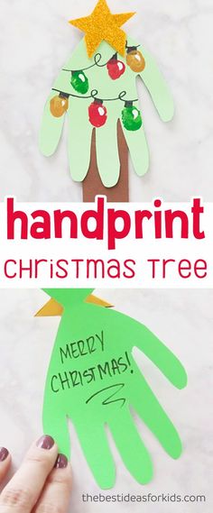 a handprint christmas tree with the words merry christmas on it and an image of a person's hand