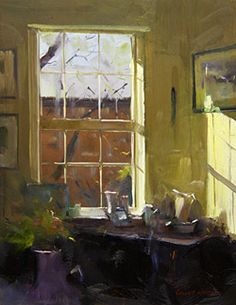 an oil painting of a table and window