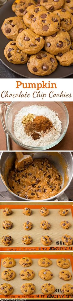 pumpkin chocolate chip cookies on a baking sheet and in a pan with the cookie batter