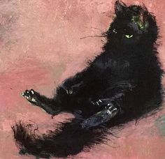 a painting of a black cat with green eyes sitting on the ground in front of a pink wall