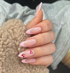 Cherry Almond Nails Designs, Summer Nails 2024 Almond Shape, Almond Nails Pink Flowers, Almond Nails With Cherries, Almond Acrylic Nails Cherry