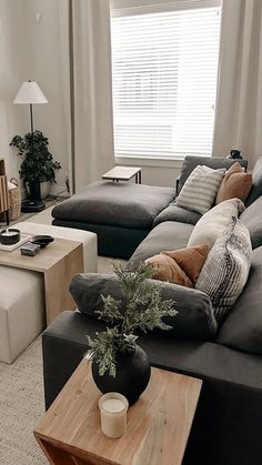 Neutral living room with dark gray sectional Grey Couch Living Room, Living Room Decor Gray, Apartment Living Room Design, Small Apartment Living Room, Small Apartment Living, Ideas Living Room, Apartment Decor Inspiration, Home Decorating Ideas, Decor Home Living Room