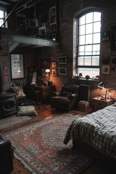 an old fashioned bedroom with brick walls and exposed ceilings, large rugs, wood burning stove in the corner