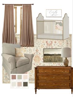 a baby's room with furniture and accessories including a crib, dresser, chair, window curtain, and wallpaper