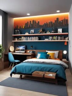 a bedroom with a bed, desk and bookshelf on the wall above it