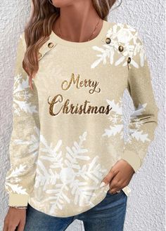 Color:Champagne;Size:S;Size:M;Size:L;Size:XL;Size:XXL;Package Contents:1 X Sweatshirt;Occasion:Other;Style:Bohemian; Champagne Button, Champagne Christmas, Chic Sweatshirt, Snowflake Print, Boutique Style Outfits, Trendy Tops For Women, Lovely Tops, Round Neck Sweatshirts, Women Hoodies Sweatshirts