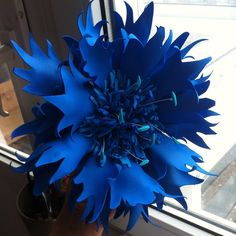 a large blue flower sitting on top of a window sill