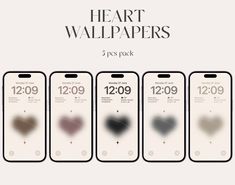 four iphones with heart wallpapers displayed in different colors and sizes on them