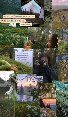 the collage shows many different pictures and words in each photo, including trees, grass,