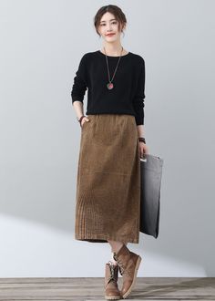 "FEATURES * Corduroy, 60% Cotton * Medium Weight, Comfortable, Breathable * Elastic waist * Three pockets * Below knee length * High waist corduroy skirt * Casual corduroy skirt * Perfect for winter, autumn * Wash only in cold water and do not expose to direct sunlight * Size XS-Sample is ready to ship, Only 1 available, don't accept refund, exchange ★★ The model's height approx 170 cm (5′ 7″) with the 84 cm (33\") bust, 66 cm (26\") waist. She is wearing in the size XS. ★★ Get your size in Size Cord Skirts, Corduroy Maxi Skirt, Plus Size Corduroy, Corduroy Skirt Outfit, Brown Corduroy Skirt, Maxi Pencil Skirt, Cord Skirt, Coffee Sweater, Handmade Skirts