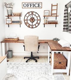 a home office with white walls and wooden shelves