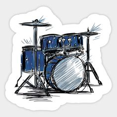 a drawing of a drum set on a white background with blue and black inking