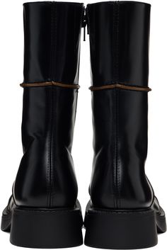 Handcrafted mid-calf polished leather boots in black. · Paneled construction · Pinched seams in brown throughout · Square toe · Concealed elasticized gusset at collar · Zip closure at inner side · Buffed leather lining · Foam rubber midsole · Heel: H1.5 Supplier color: Black Black Dahlia, Square Toe Boots, Black Panels, Mid Calf Boots, Boot Shoes Women, Mid Calf, Dahlia, Black Boots, Leather Boots