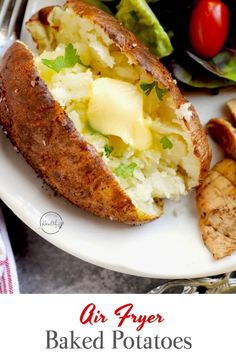 an air fryer baked potatoes on a white plate