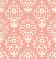 a pink and white wallpaper pattern with flowers on the left side, in an ornate design