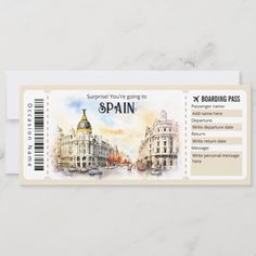 a watercolor painting of spain's famous landmarks on a boarding card for an event