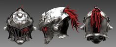 three helmets with red hair are shown on a gray background and one is made out of metal