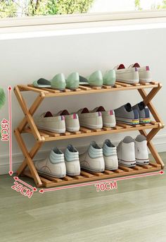 three tier shoe rack with two rows of shoes on top and one row of shoes below